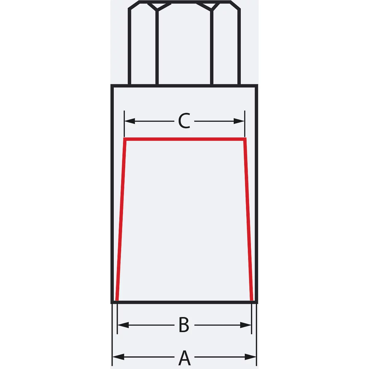 Zeichnung einer Schraube mit Maßangaben. Die rote Linie zeigt die Form des Schraubenkopfes.